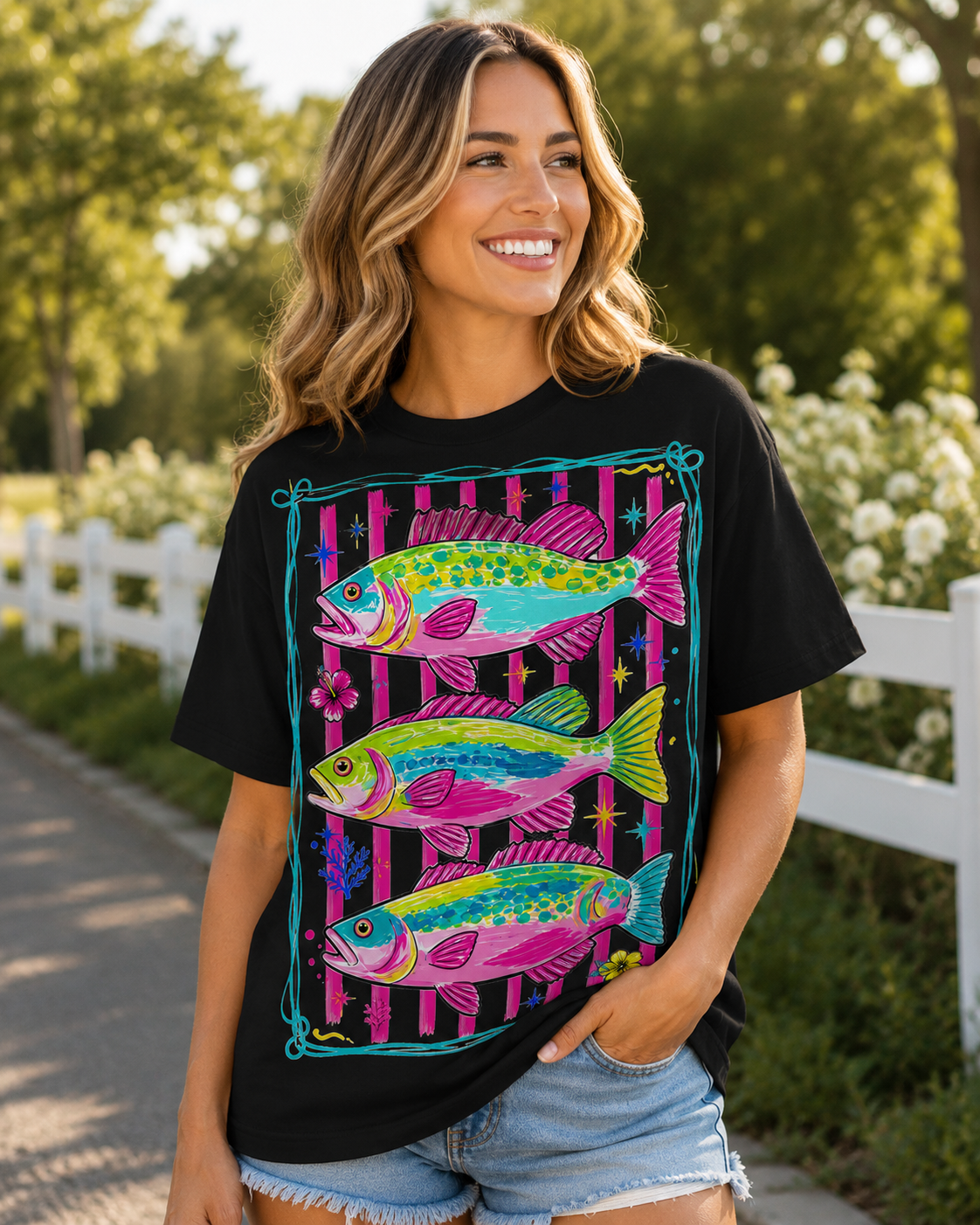 🎣 Neon Coastal Fish Graphic Tee 🎣